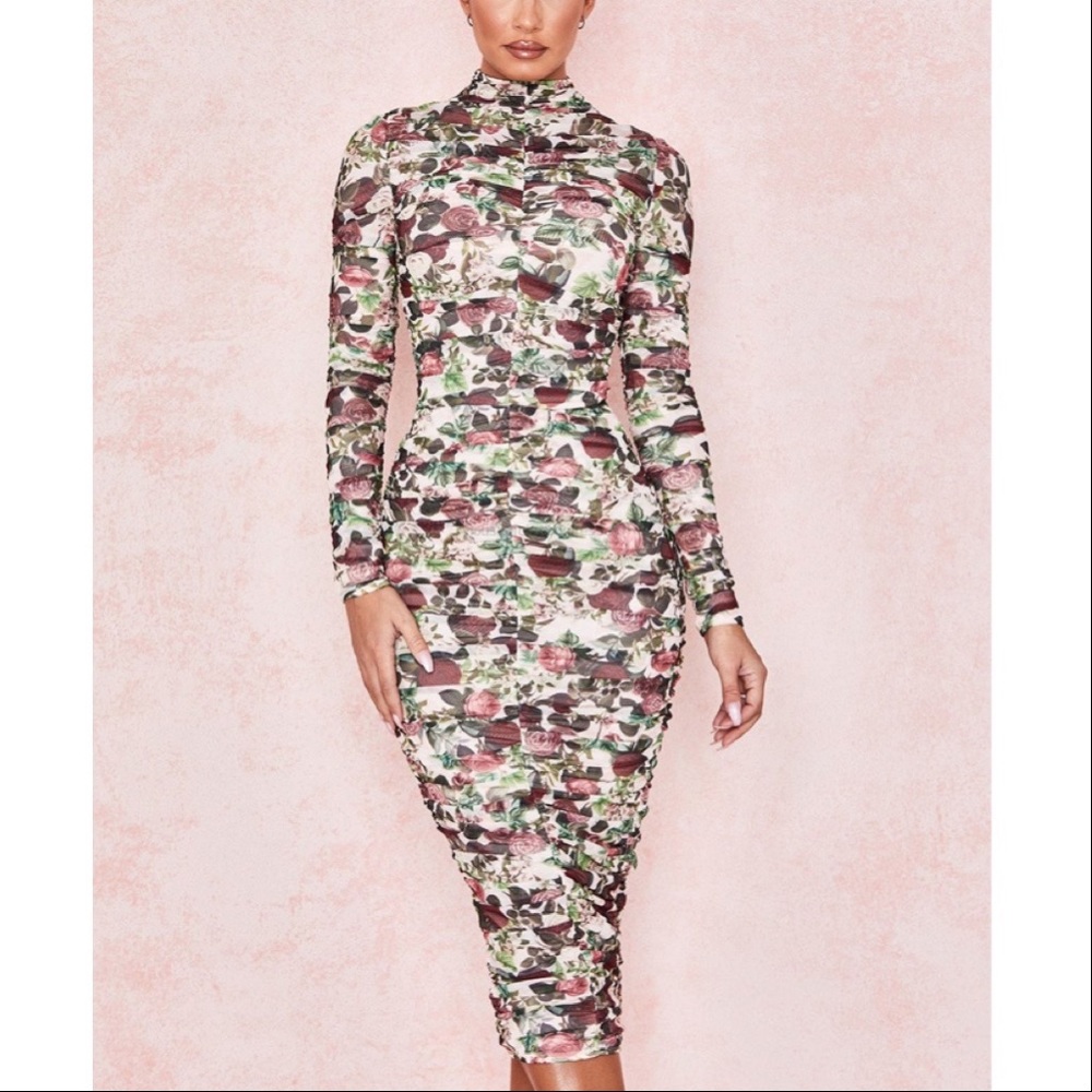 House of CB Roseanne Vintage Floral Ruched Midi Dress  Size XS